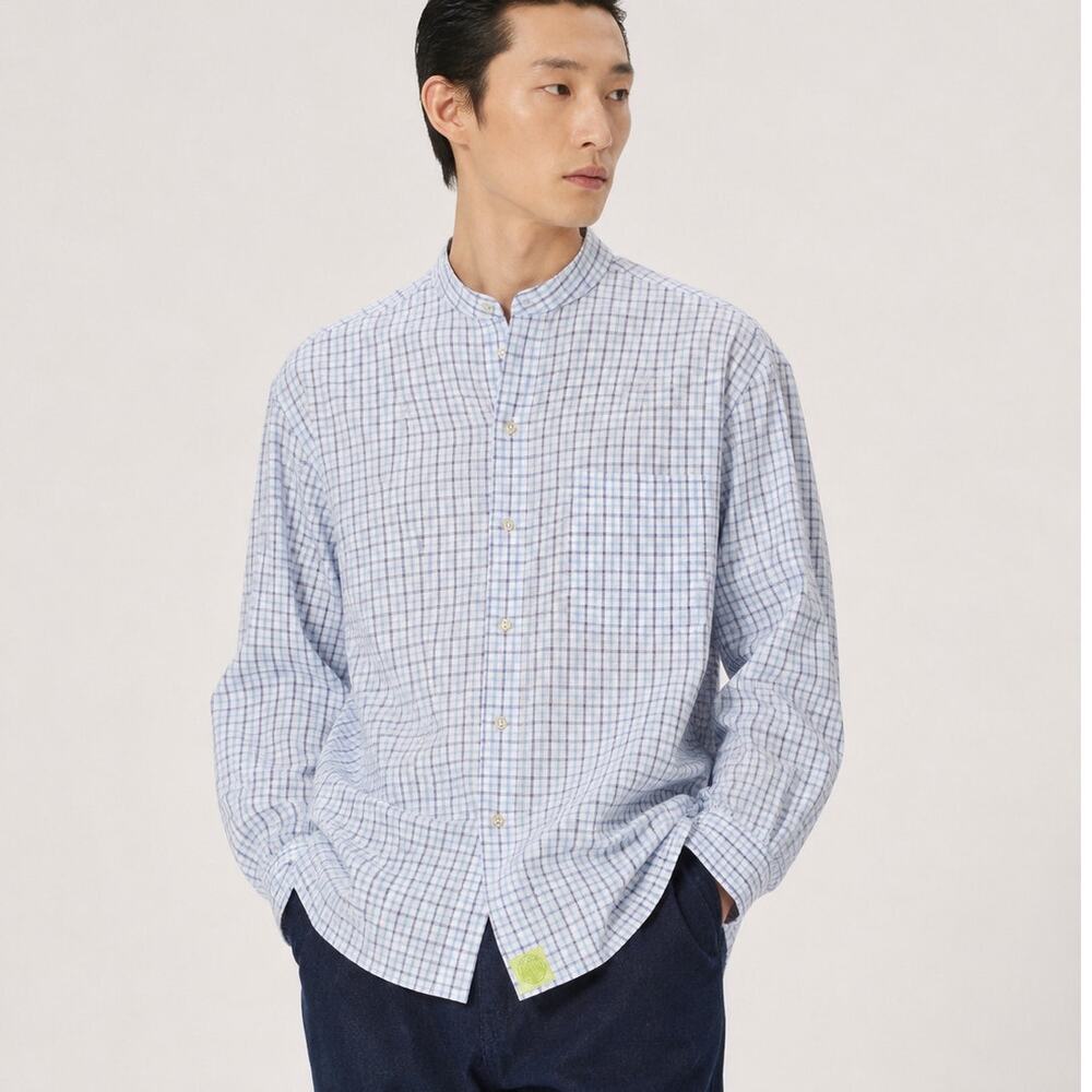 Shanghai Tang Men's Blue White check Mandarin Collar button down XL